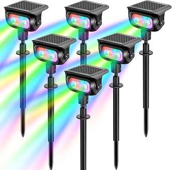 MEEKBOS Faretti Solari da Giardino RGB, Sensore Crepuscolare, 6 Pezzi | 5 Modalità Colore, IP65 Impermeabili Lampada Solare con Picchetto per Esterno, Prato, Halloween