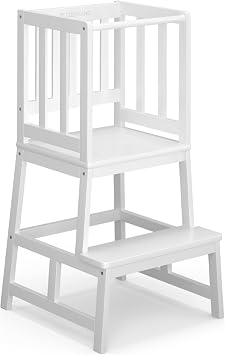 COSYLAND Torre Educativa Bambini, 45 L, Bianco classico | Struttura ad A stabile, pedana centrale rinforzata, convertibile in doppio sgabello, gradini antiscivolo