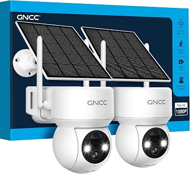 GNCC Telecamera Wi-Fi Esterno Senza Fili con Pannello Solare, 2PCS | Videocamera Sorveglianza a Batteria, 360° PTZ, Rilevazione Movimento PIR, Visione Notturna a Colori, Audio Bidirezionale