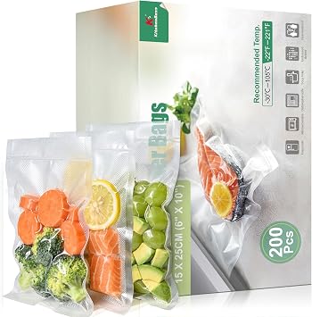 KitchenBoss 200 Pezzi Sacchetti Sottovuoto per Alimenti：15×25 cm Buste Sottovuoto Alimenti per Macchina Sottovuoto e Cottura Sous Vide, 175 µm, Indistruttibili, Senza BPA