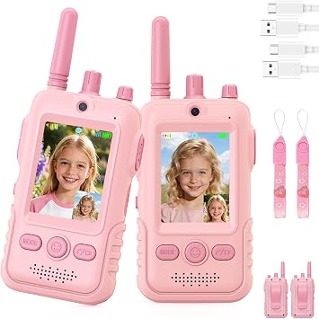 Video Walkie Talkie Bambini, 2 Walkie Talkie Ricaricabili con Display, Telecamera HD& Modificatore Vocale, Lunga Portata, Regalo per Bambini e Bambine dai 3 ai 12 Anni