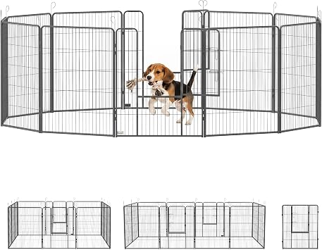 PawHut Recinto per Cani di Grande Taglia 12 Pannelli 80×1.5×100 cm Grigio | Modulabili, Box per Cani e Cuccioli Pieghevole, Porta in Acciaio, 12 Picchetti