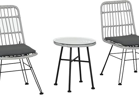 Outsunny Set di Tavolo e Sedie da Giardino da 3 Pezzi in Rattan PE Grigio | Acciaio, Set Bistrò da Giardino, Tavolino da Caffè con Piano in Vetro, 2 Sedie, per Balcone Patio Cortile Esterno