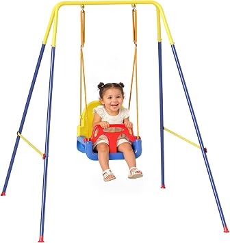 AIYAPLAY Altalena da Giardino per Bambini 3 in 1 9 Mesi-8 Anni Blu | Altalena per Neonato da Interno e Esterno, Altezza Regolabile, Supporti in Acciaio Pieghevoli, Cintura Sicurezza