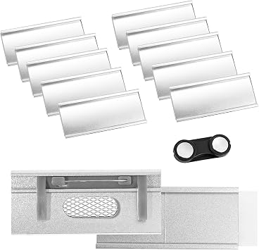 VINATO 10 Pezzi Badge Magnetici in Alluminio per Abbigliamento, Doppio Magnete Potente, Senza Spillo, Professionale per Lavoro, Fiere & Scuola (72 x 35 mm)