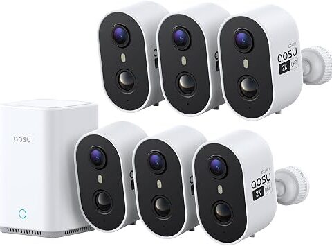 aosu Cámara de Vigilancia 2K Exterior e Interior Kit 6 Cámaras con Aosubase 2.0 Sin Suscripción 32GB Almacenamiento Local Cámara Inalámbrica Sensor PIR Alarma Luz Audio Bidireccional Visión Nocturna