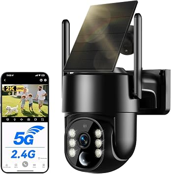 WESECUU Telecamera WiFi Esterna senza Fili Solare 2.5K 4MP con Pannello Solare 5W, Wi-Fi 2.4G e 5GHz, Registrazione Continua 24/7, Batteria 8000mAh, Monitoraggio Automatico PTZ a 360°, IP66, PIR