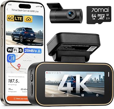 70mai A810 Lite Dash Cam Auto 4K +1080P, 5GHz WiFi, Doppia Telecamera per Auto con GPS, Support 4G LTE, HDR, Visione Notturna, Parcheggio 24/7, Sensore G, Registrazione in Loop, F1.55, Scheda da 64 GB