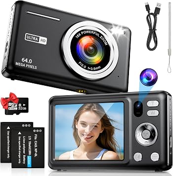 Macchina Fotografica Digitale 64MP 4K Fotocamera Digitale con Doppia Fotocamera, Zoom Digitale 16X, Macchina Digitale Compatta con Scheda da 32GB per Bambini Studenti Principianti (Nero)
