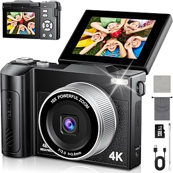 4K Macchina Fotografica 48MP Autofocus Fotocamera Digitale Compatta 2.8” Schermo Flip 180° con Zoom 16X Vlogging Camera con 32G Scheda per Adolescenti Principianti Adulti (Nero)
