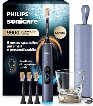 Philips Sonicare Next-Generation DiamondClean 9900 Prestige Spazzolino elettrico – con SenseIQ, Feedback di copertura totale, Feedback di pressione, 24 impostazioni, blu tempesta, HX9815/98