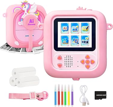 ARNSSIEN AI Macchina Fotografica Bambini Istantanea 2.4″, HD 1080P, Chat IA | Fotocamera bambini con Riconoscimento IA, Bluetooth e Wi-Fi. Regalo per compleanni e festività dai 3 ai 12 anni, AI M2