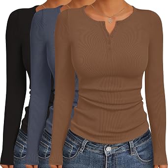 Ekouaer Maglia Termica Donna Manica Lunga Henley a Coste 1&3 Pack | morbido e aderente, ideale come maglia intima calda, strato base o t-shirt basic per autunno e inverno