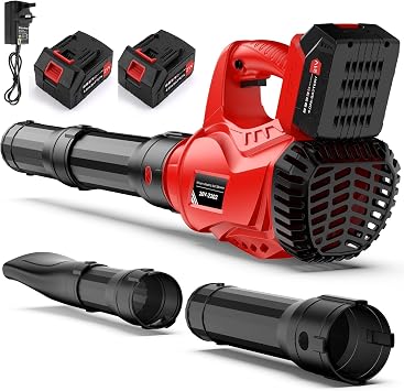 21V Soffiatore a Batteria, 6 Velocità Soffiatore Elettrico Senza Filo con Motore Brushless 2 Batterie da 4.0Ah, Velocità Aria 310km/h, 2 Ugelli Intercambiabili, Soffiatore Foglie per la Cura del Prato