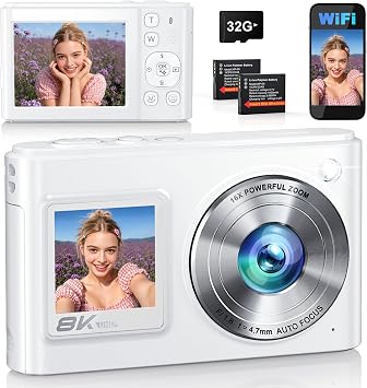 Fotocamera digitale WiFi 8K 96MP 2026 per vlogging YouTube con doppio schermo, autofocus anti-vibrazione, zoom 16X, fotocamera compatta da viaggio con scheda 32 GB e 2 batterie da 1050 mAh