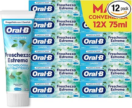 Oral-B Dentifricio Complete Freschezza Estrema, Sapore Menta Fresca 12x75ml | Dentifricio Complete Freschezza Estrema, Tecnologia Antibatterica con Zinco, Sapore Menta Extra Fresca, 12 Dentifrici da 75ml
