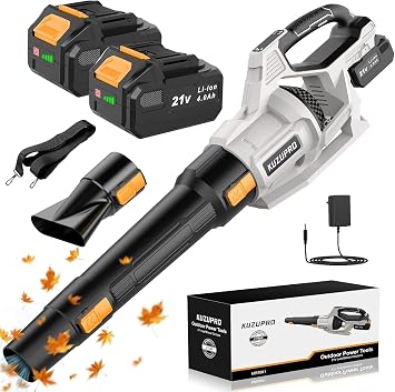 Soffiatore a Batteria KUZUPRO per Foglie, 21 V, 2 Batterie da 4,0 Ah | Caricabatterie incluso, portata d’aria fino a 3,6 m³/min, 3 velocità, tracolla e 2 ugelli per giardino e terrazza
