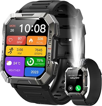 IOWODO Smartwatch Uomo con Torcia LED e Bussola, Batteria 900mAh 30 Giorni | 2.01″ Orologio uomo con Chiamate Bluetooth, Monitoraggio Salute, 100+ Sport, Pedometro, Android e iOS
