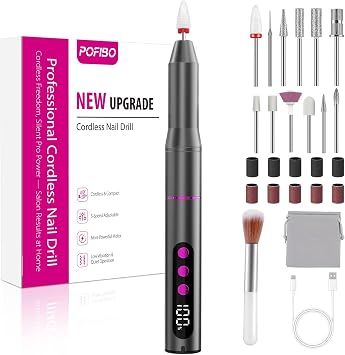POFIBO Fresa per Unghie Professionale Versione Aggiornata – Kit Trapano Unghie Elettrico 12 in 1, 35000 RPM con Display LCD, 5 Velocità Regolabili, per Unghie in Gel e Acrilico, Manicure e Pedicure
