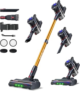 MONSGA Aspirapolvere Senza Fili 55kPa/550W/60 Min per Peli di Animali | Leggera e autoportante, spazzola antigroviglio V, luce LED verde, filtrazione 7 strati, pavimenti duri, auto, divano