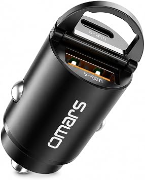 Omars Caricatore Auto Mini 40mm, USB-C 33W + USB-A 30W, 12-24V