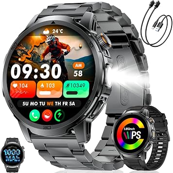 1,85” Orologio Smartwatch Uomo – Chiamata e Risposta, 1000mAh, LED Torcia | 100+ Modalità Sportive, Sonno, SpO2, Cardiofrequenzimetro, Impermeabile IP68, Smartwatch Uomo per Android iOS