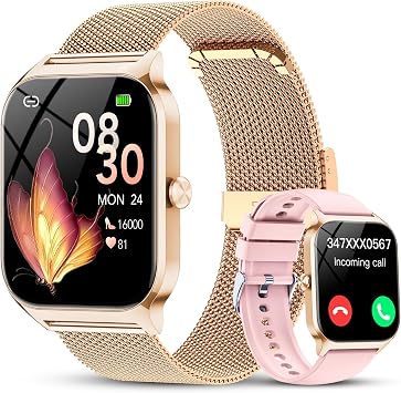 CASCHO Smartwatch Donna,1.85”Orologio Smartwatch Donna con Chiamate/Notifiche WhatsApp,120 Modalità Sportive/Sonno/Cardiofrequenzimetro/SpO2/Contapassi,Smart Watch per Android iOS(Doppio Cinturino)