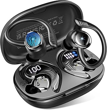 Hupoaf Cuffie Bluetooth Sport, Auricolari 5.4 HiFi Stereo IP7 Impermeabili | 6 EQ, 4 ENC Cancellazione Rumore Mic, 50 Ore Riproduzione con Display LED, per Corsa, Palestra e Uso Quotidiano all’Aperto