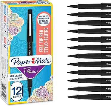 Paper Mate Flair Pennarelli | Punta Media in Feltro (0.7mm) | nero | scatola da 12