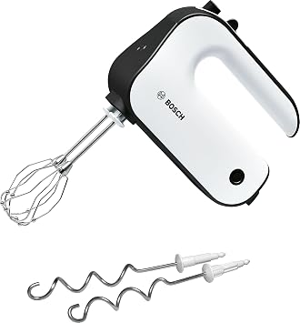 Bosch MFQ4020 Sbattitore Elettrico, 450 Watt, 5 Velocità e Turbo, Bianco | Sbattitore Leggero, Impugnatura Comoda, Fruste e Ganci per Impastare in Acciaio Inox Inclusi con pulsante di espulsione