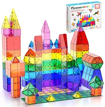 PicassoTiles 60 Pezzi Tessere Magnetiche, Clear 3D Building Blocks, STEM 3+ | apprendimento sensoriale Montessori, presa facile per manine piccole, gioco di gruppo, idea regalo asilo, bordi lisci sicuri