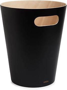 Umbra Cestino Spazzatura in Legno, 7, 5L, Nero/naturale | Faggio europeo, maniglie integrate, design aperto durevole, forma curva, per spazi compatti