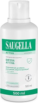 Saugella Active Detergente Intimo Antibatterico, 500 ml | Detergente Intimo per Post Parto, Gravidanza e Ciclo Mestruale. Anti-Odore, con Estratto di Timo, Clinicamente Testato