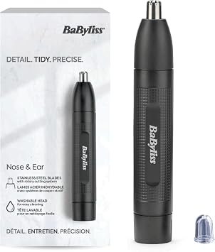 BaByliss Trimmer rifinitore naso/orecchie, sistema a doppia lama, batteria, lame in acciaio inox, testina rimovibile facile da pulire, nero E650E