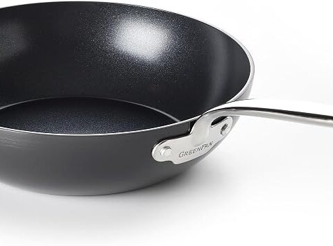 GreenPan Barcelona Padella Wok 28 cm Antiaderente in Ceramica Sana Anodizzata Dura, Senza PFAS, Manico in Acciaio Inox, Antigraffio, Induzione, Forno Sicuro, Lavabile in Lavastoviglie, Nero