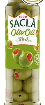 Saclà, OlivOlì, Olive Verdi Farcite al Peperone, Ideali per Aperitivo e Insalate, Vaso Vetro, 140g (80g sgocciolato), Confezione da 15 pezzi