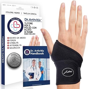 Dr. Arthritis Tutore Polso con Rivestimento in Rame Ideato da Medici – Polsiera Ortopedica Mano Sinistra e Destra – Fascia Elastica di Supporto per Tunnel Carpale (Singolo, Taglia Unica, Nero)
