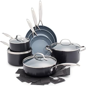 GreenPan Valencia Pro Set di Pentole e Padelle in Ceramica Dura Anodizzata Antiaderente da 11 Pezzi,Comprese Padelle per Sauté,Casseruole,senza PFAS,Induzione,Lavabile in Lavastoviglie,Forno,Grigio