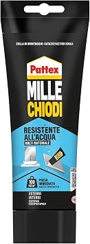 Pattex Millechiodi Esterni & Interni, Adesivo Resistente all’acqua, 340 g | Per montaggi esterni, Resistente a sbalzi di temperatura, Per legno, ceramica, metallo, Presa immediata, Formato tubetto
