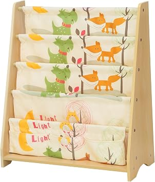 SONGMICS Libreria per Bambini a 4 Livelli, Scaffale per Cameretta | Di Tessuto, per Cancelleria, Libri e Quaderni, Asilo, Tema Animali, Giallo, Collezione TEZA GKR71YL