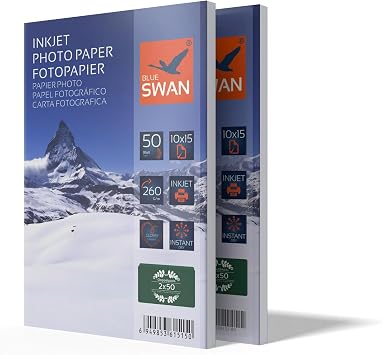 BLUE SWAN Carta Fotografica Lucida 10×15 cm 260 g/m² 100 Fogli | 2 confezioni da 50, finitura lucida, monolato, asciugatura rapida, resistente a piccoli schizzi, resistente ai graffi