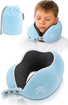 FLOWZOOM Comfy Kids Cuscino da Viaggio per Bambini – Cuscino per Aereo e Auto in Schiuma Memory con Larghezza Regolabile, Fodera Vellutata Lavabile e Sacchetto in Rete – Blu, Taglia M (de 6 anni)