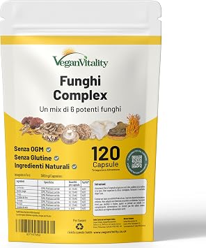 Vegan Vitality Integratore di 6 Funghi: Reishi, Lions Mane, Cordyceps, Chaga, Shiitake e Maitake – 120 Capsule da 500mg – Formula Concentrata