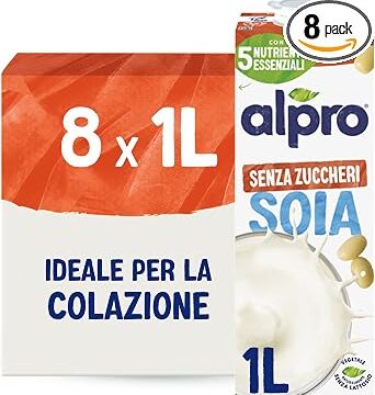 ALPRO SENZA ZUCCHERI, Bevanda alla SOIA – 8X1L | NATURALMENTE SENZA LATTOSIO E 100% VEGETALE, Senza Glutine, con Vitamine B2, B12, D2, E