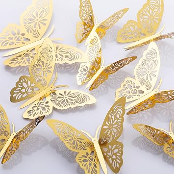 MWOOT 48 Pezzi 3D Farfalle adesivi da Parete, Sticker Decorativi da Parete per Festa di Compleanno Decorazione Della Camera da Letto di Rozze Decorazioni per Casa D’oro