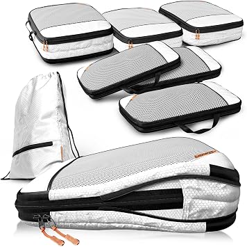 LOONARA Sacchetti compressibili per valigie e zaini [7 pezzi] – Cubi compressibili, organizer da viaggio, borse da viaggio, accessori per campeggio ed escursionismo (Alpine Slate – Grigio)