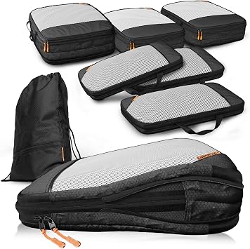 LOONARA Sacchetti compressibili per valigie e zaini [7 pezzi] – Cubi compressibili, organizer da viaggio, borse da viaggio, accessori per campeggio ed escursionismo (Midnight Escape – Nero)