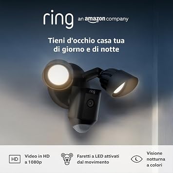 Ring videocamera Plus con proiettori cablata (Floodlight Cam Wired Plus) | Telecamera di sorveglianza wifi per esterno con HD video, audio bidirezionale e sirena | Ring Home: 30 gg. prova gratuita