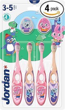 Jordan* ® | Step 2 Spazzolino da denti Bambini | Spazzolino per bambini di età 3-5 anni | Setole morbide, doppio manico ergonomico e senza BPA | Colore Rosa & Giallo | Confezione 4 unità