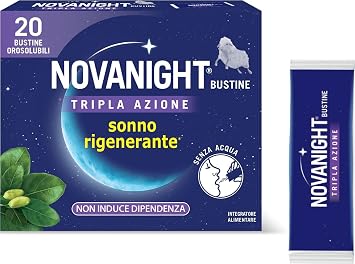 Novanight Tripla Azione, Melatonina per Dormire, 20 Bustine | Per Disturbi del Sonno, Con Magnesio, Melatonina e Griffonia, Senza Glutine, Non Induce Dipendenza, Gusto Camomilla e Agrumi